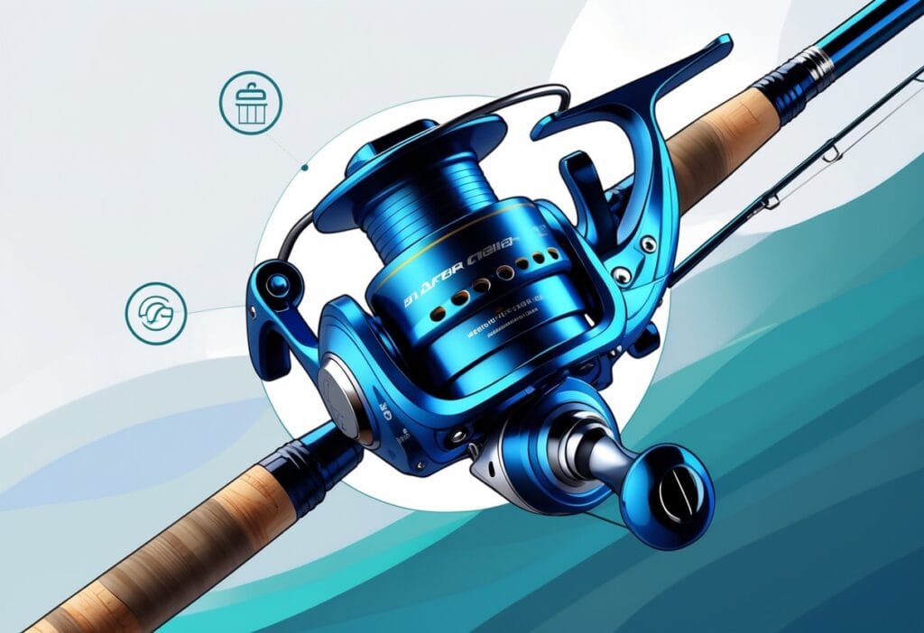 Nærbilde av en havfiskesnelle i saltvannsmiljø med fokus på brems, gir og slitesterke materialer.