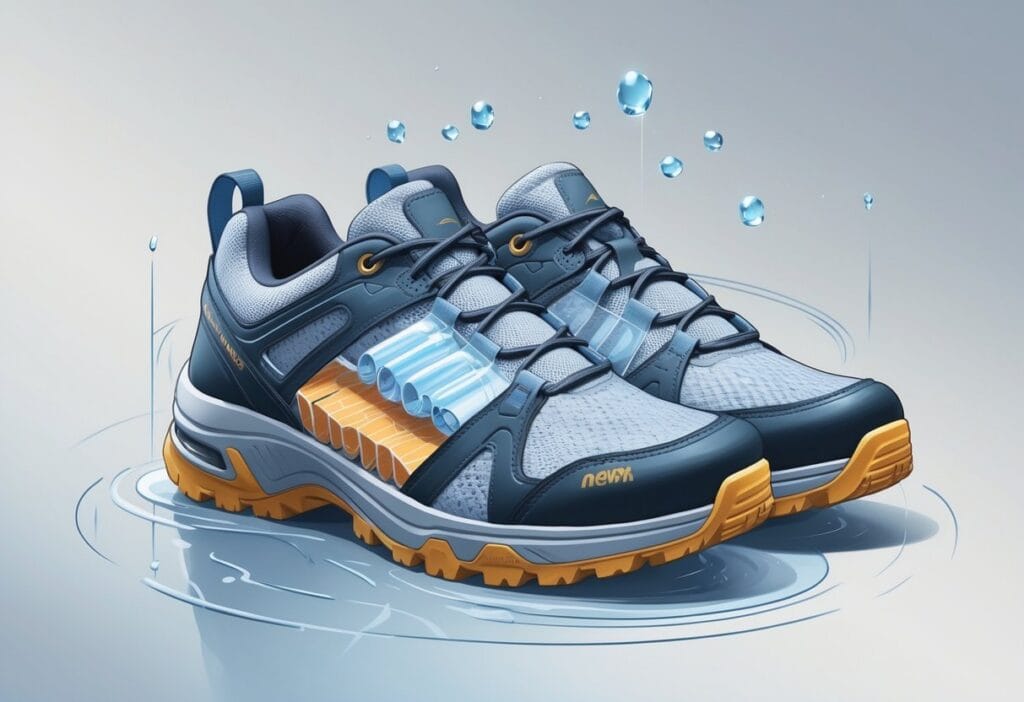 To par gåsko med gjennomskinnelige detaljer som viser pustende materialer og vanntett membran, omgitt av vannperler og luftstrømmer.