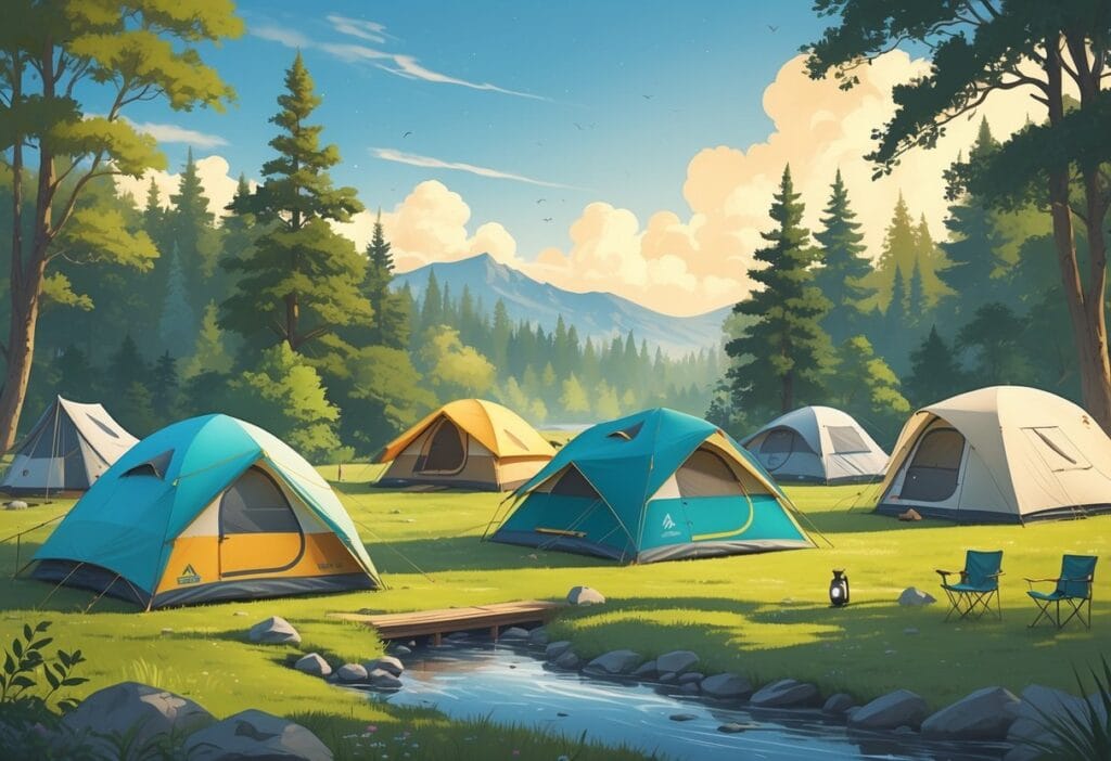 Flere moderne 4 manns telt satt opp i skogsmiljø nær vann, med campingutstyr rundt.