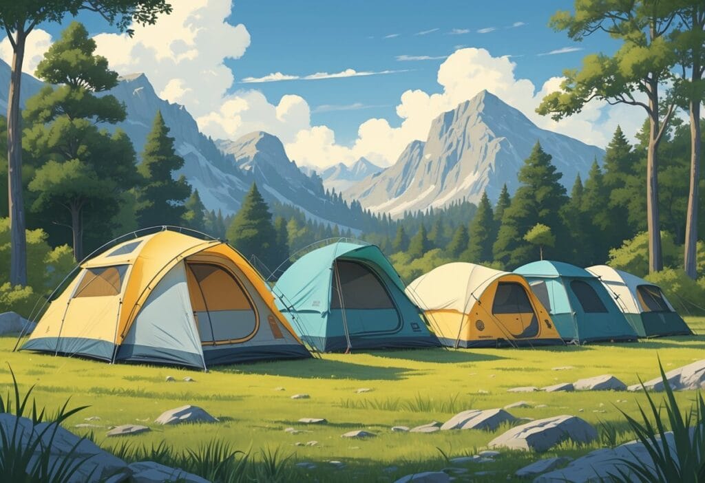 Ulike typer 4 manns telt vist i skogsmiljø, med variasjoner i kuppel, tunnel og hybrid.