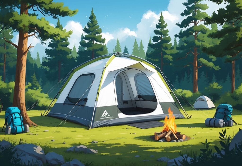 Et 4 manns telt satt opp i skog med campingutstyr rundt og enkel leirplass.