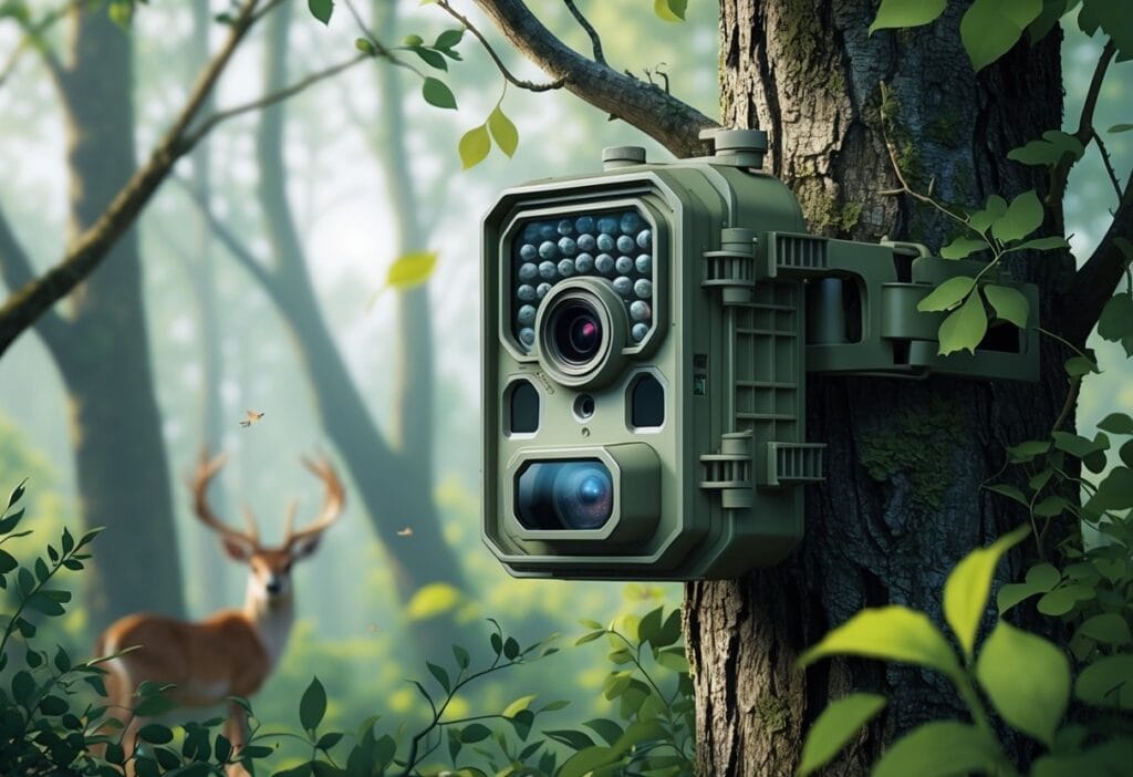 Et viltkamera montert på et tre i en skog, klart til å fange dyreliv og aktivitet.