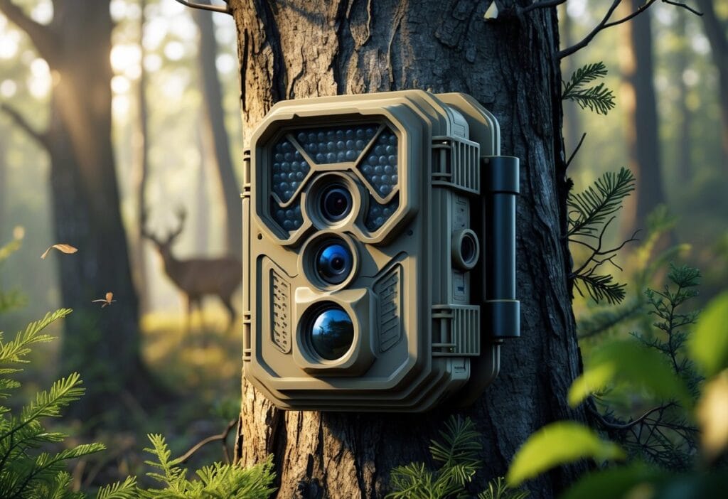 Viltkamera montert på tre i skog, klar for nattopptak og bevegelsesdeteksjon.