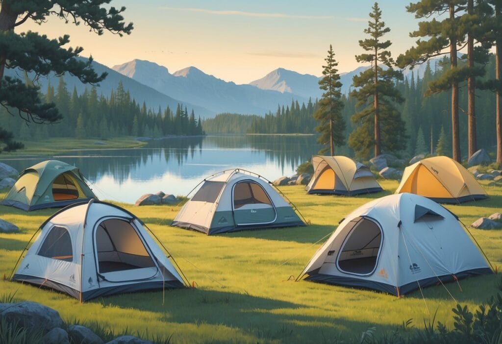 Flere enmannstelt satt opp ved en innsjø, med skog og fjell i bakgrunnen.