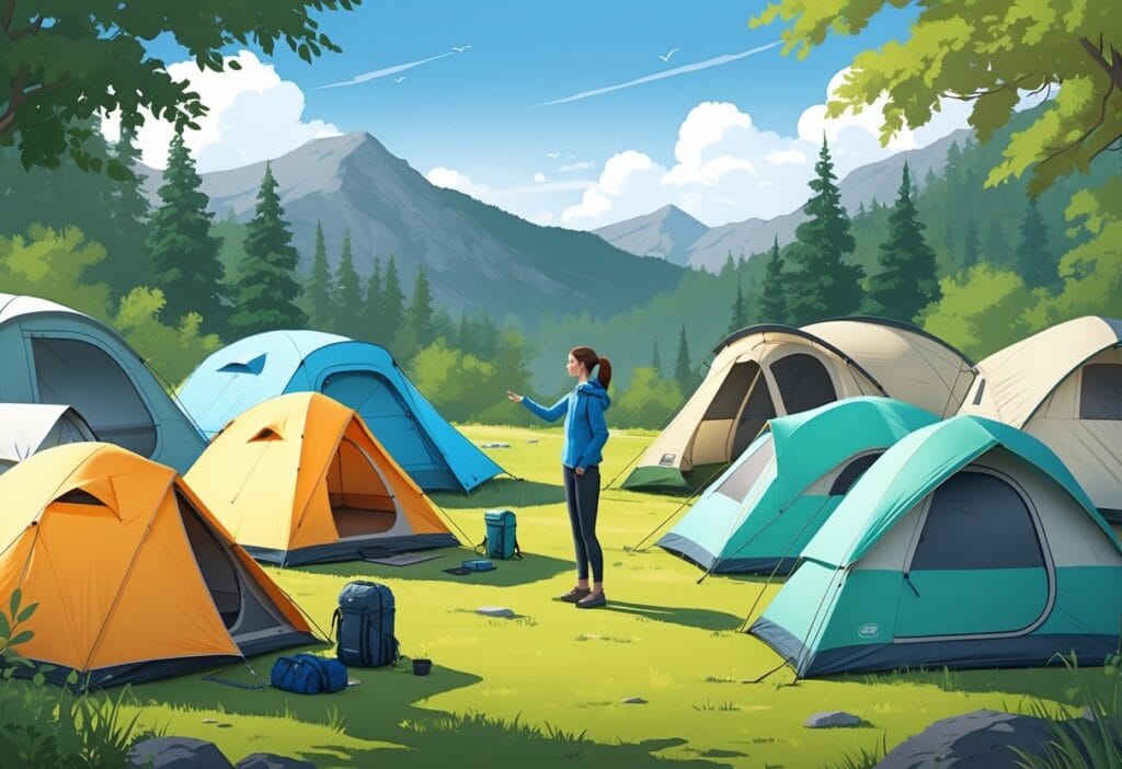 En turgåer vurderer ulike enmannstelt i skogen med turutstyr rundt.