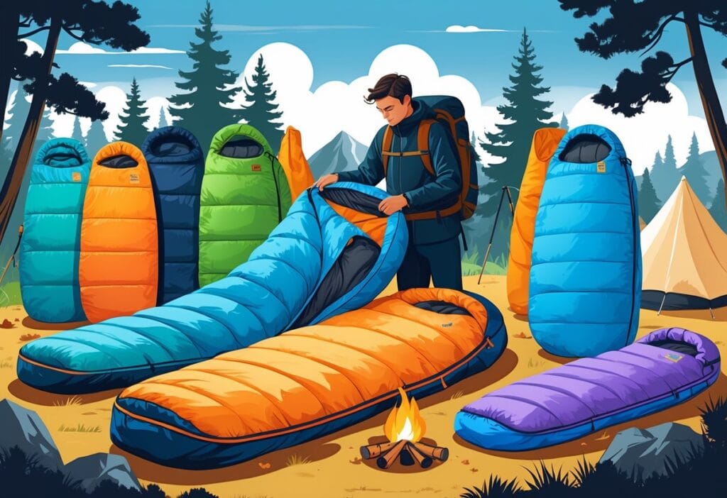 Person som sammenligner flere soveposer ved en campingplass med telt og trær i bakgrunnen.