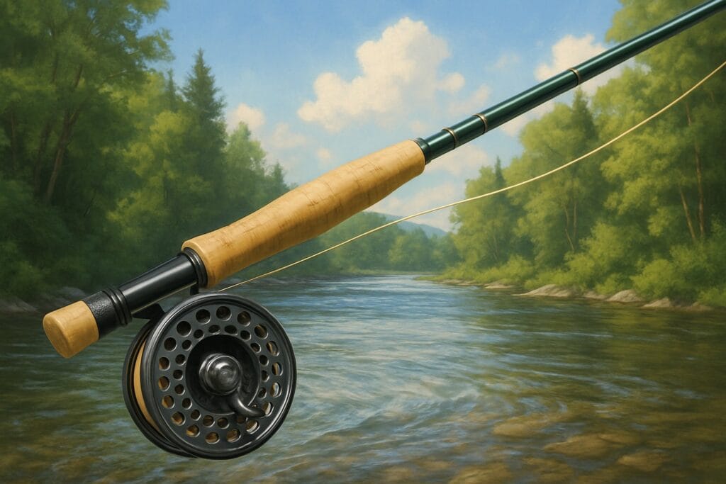 En fluestang plassert over en klar elv, typisk fluefiske-miljø med grønt rundt og blå himmel.