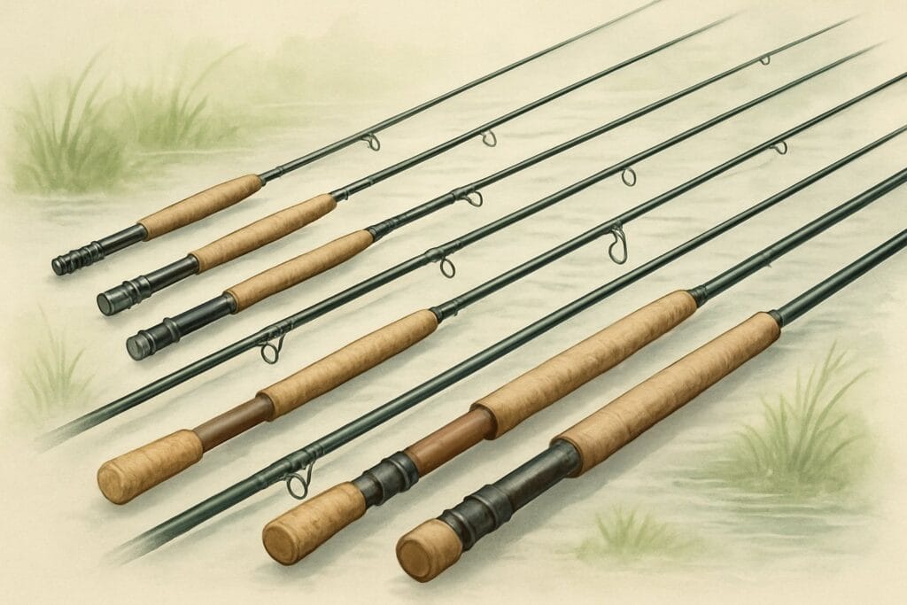 Fluestenger av ulike typer lagt ut på en elvebredd, som viser forskjell på enhånds og tohånds fluestang.