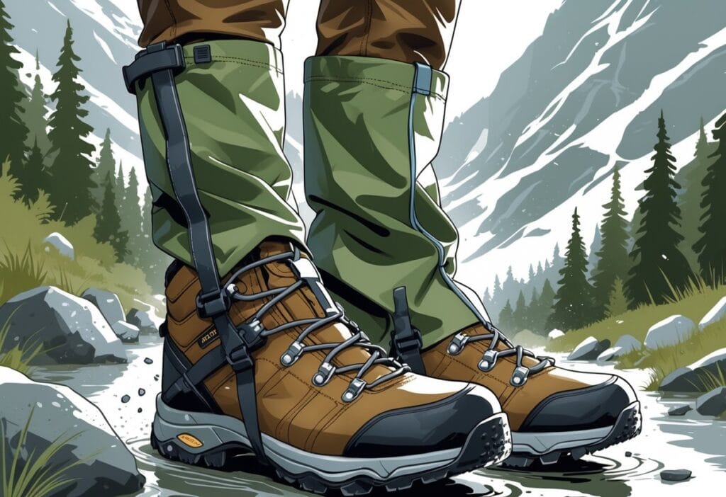 Nærbilde av gamasjer festet rundt tursko på tur i skog eller fjellterreng.