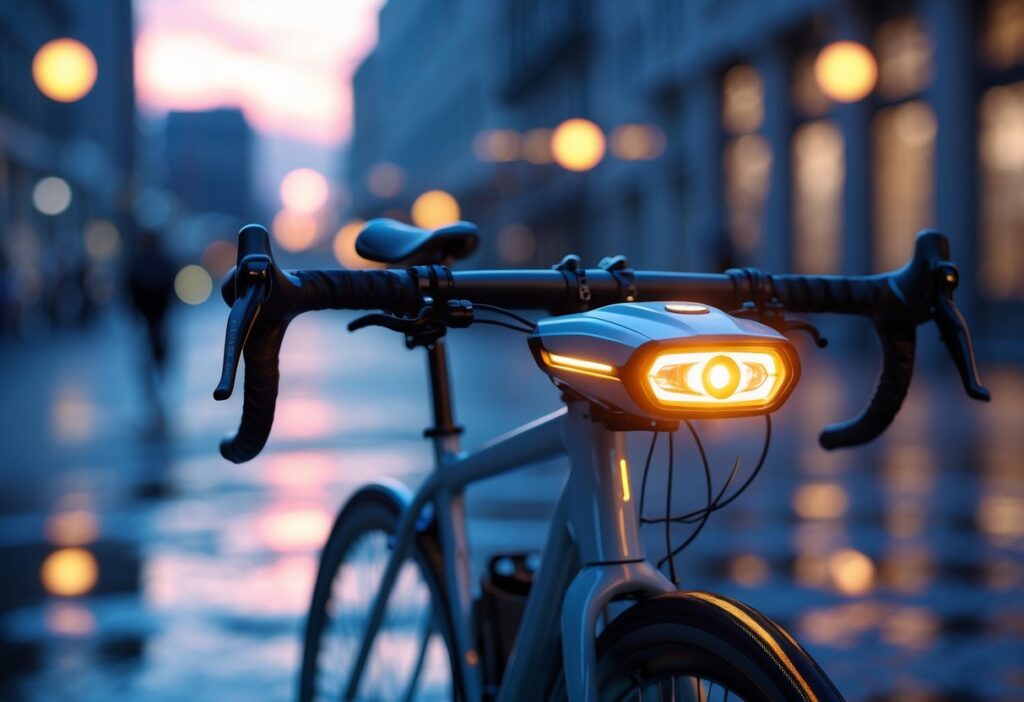 Sykkel med kraftig frontlys og baklys i skumring i bygatemiljø.