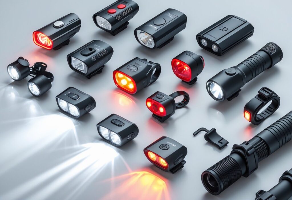 Ulike typer sykkellykter: frontlykter og baklykter lagt ved siden av hverandre.