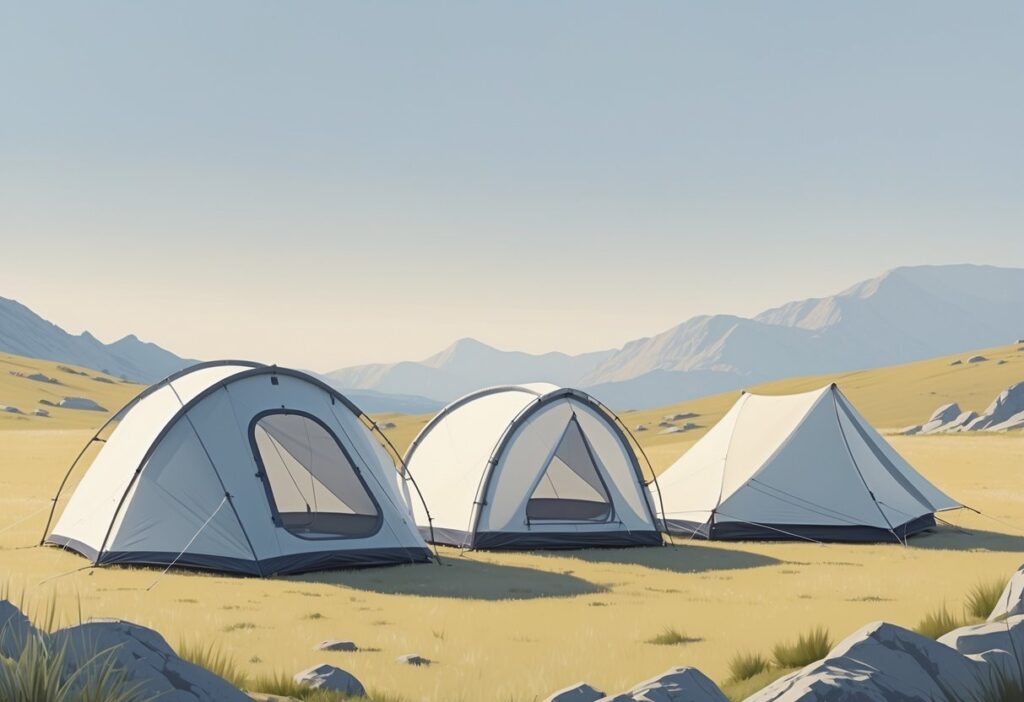 Tre lettvektstelt på gress: et tunneltelt, et kuppeltelt og et ultralett telt, som viser ulike konstruksjonstyper.