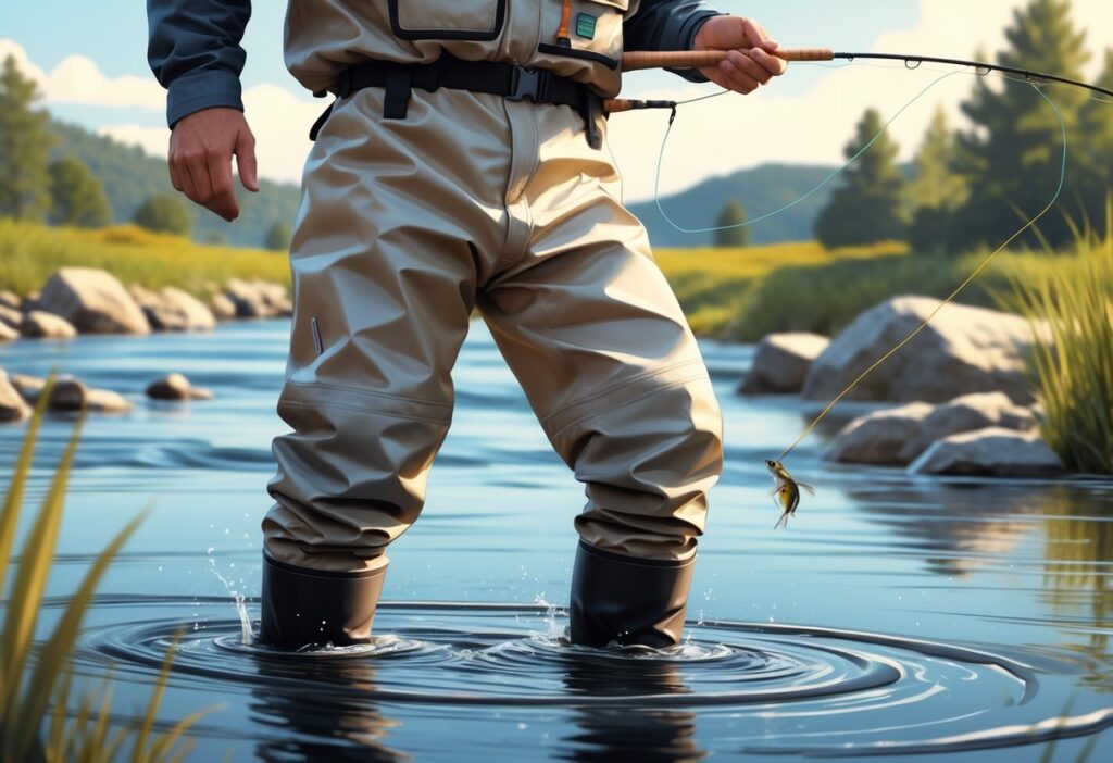 En person iført vadebukse står i en elv og fisker med stang.