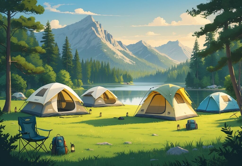 Flere campingtelt satt opp ved en innsjø med trær og fjell i bakgrunnen under en klar dag.