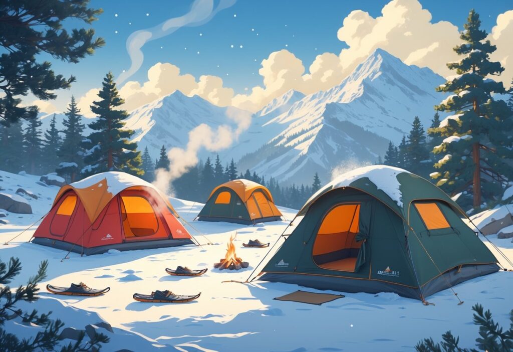 Flere vintertelt satt opp på snødekt mark med fjell og skog i bakgrunnen på en klar vinterdag.