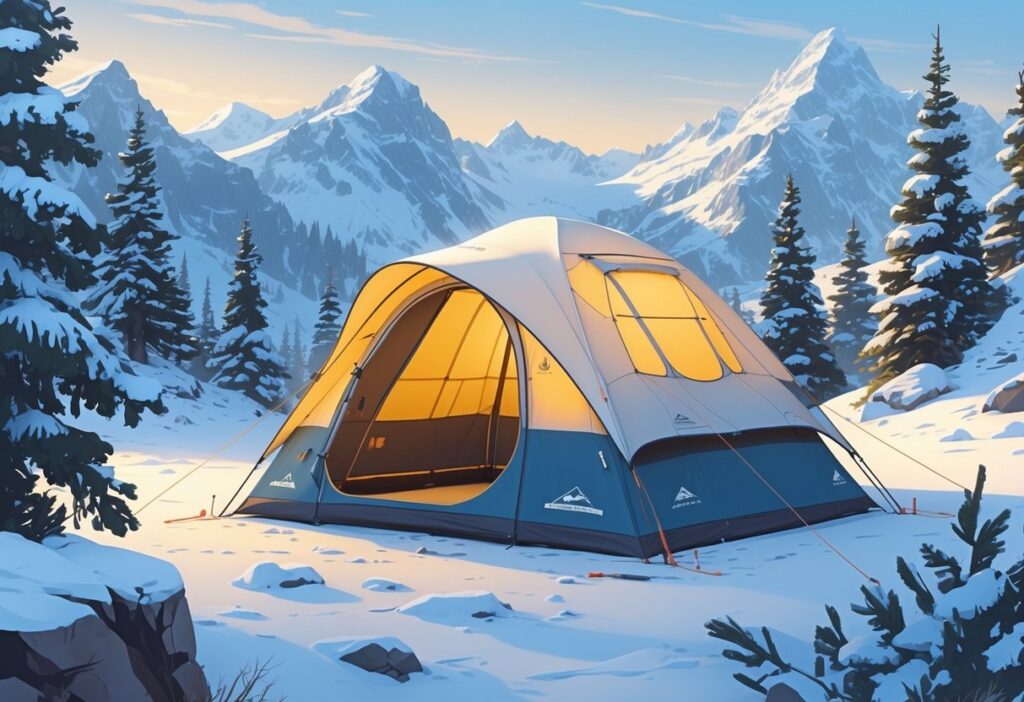 Et vintertelt står på snødekt mark omgitt av snødekte trær og fjell under en klar vinterhimmel.