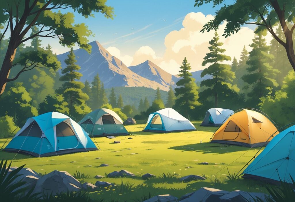 Flere ulike telt satt opp i en skog med campingutstyr rundt, som illustrerer viktige egenskaper ved valg av telt.