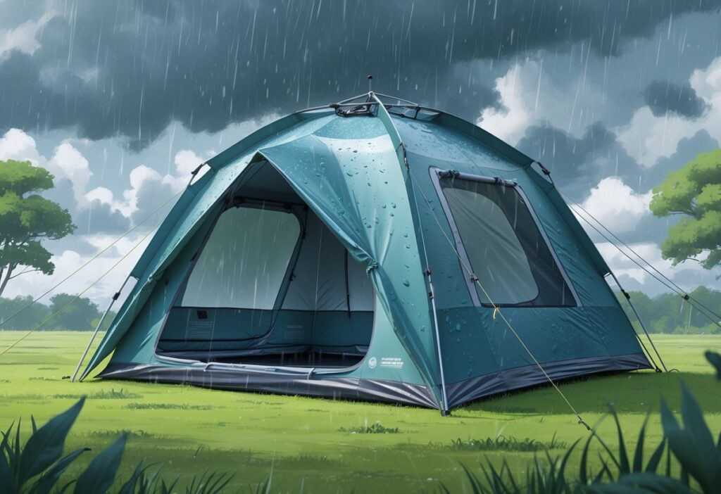Pop-up telt i regn og vind med vanndråper på duken, satt opp på gress.