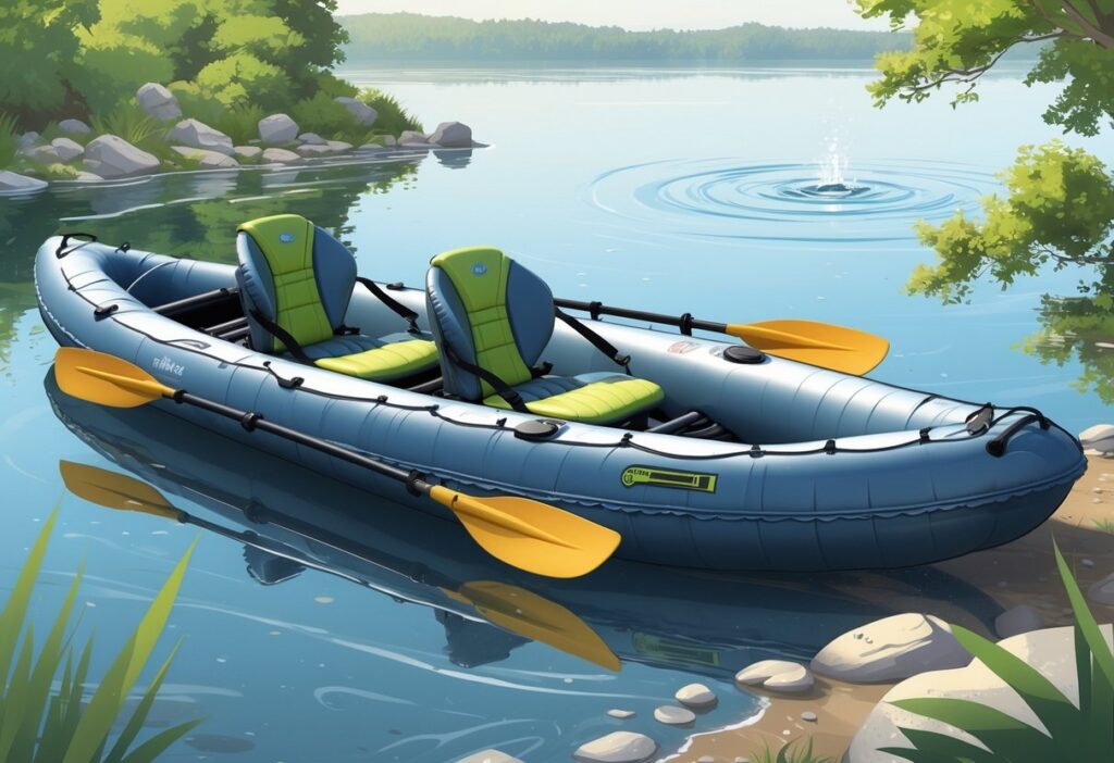 Oppblåsbar kajakk på vannet med utstyr som årer, pumpe og redningsvest ved siden av, omgitt av natur ved en innsjø.