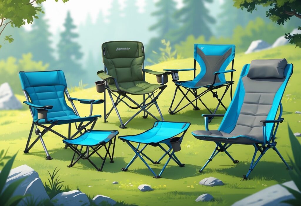 Ulike typer turstoler på gress ved skogkant, fra kompakte krakker til stoler med høy rygg.