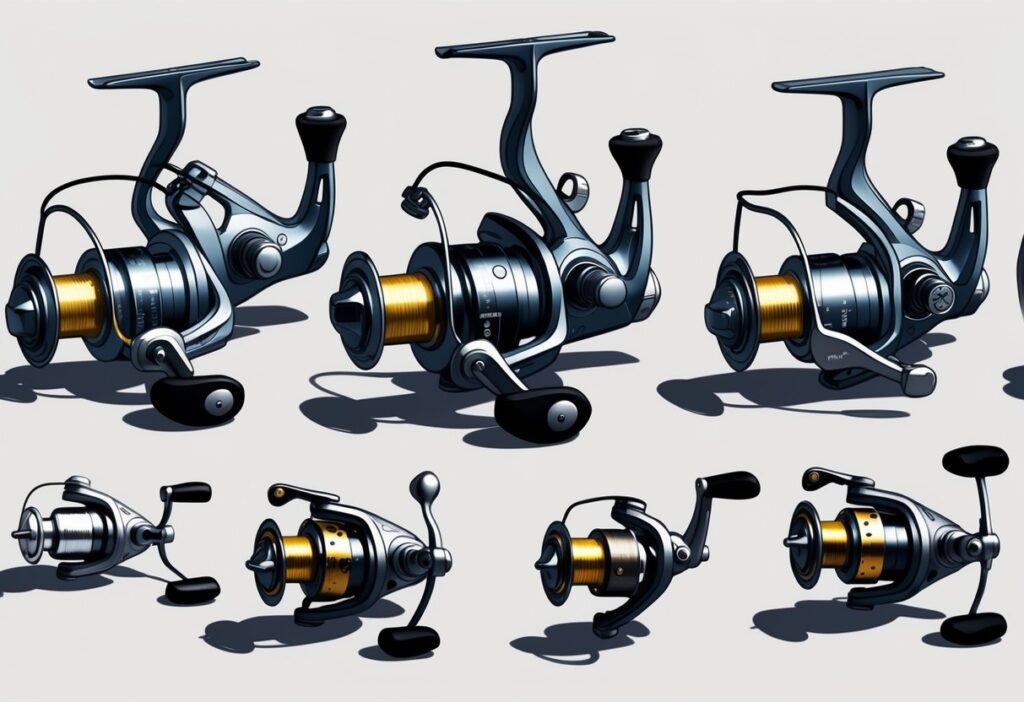 Ulike typer multiplikatorsneller for fiske, inkludert rundsneller og lavprofilsneller, vist side om side.