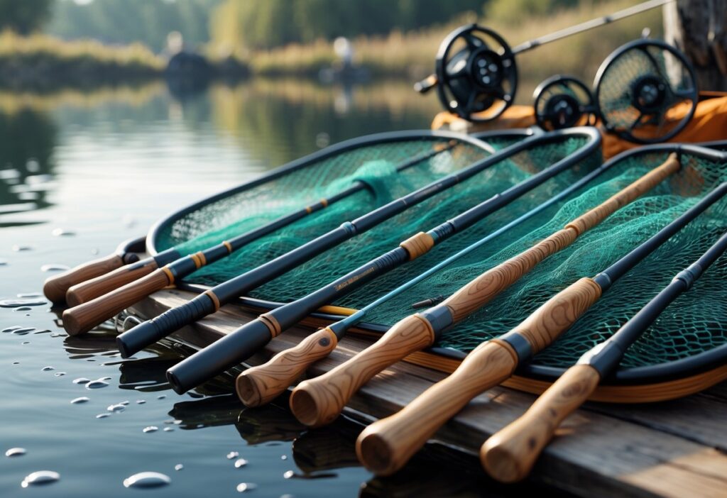 Fiskehåver i ulike størrelser og ergonomiske former lagt på bord ved en innsjø.