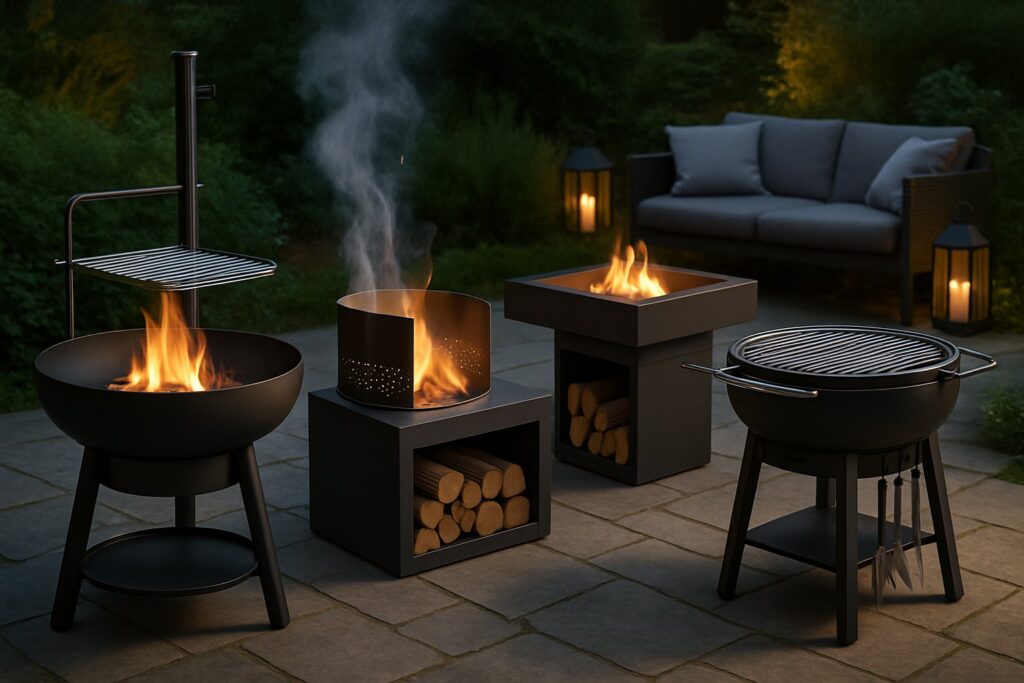 Moderne bålpanner med grillutstyr og sikkerhetsfunksjoner på uteplass.