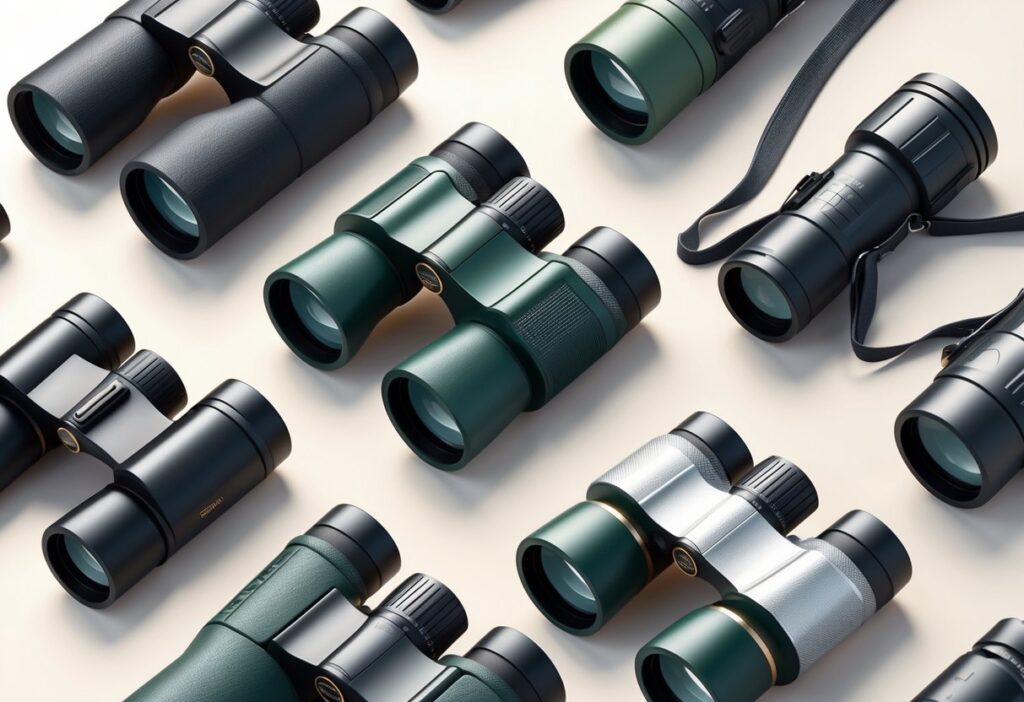 En samling lommekikkerter for tur, reise og hverdagsbruk på et nøytralt underlag.